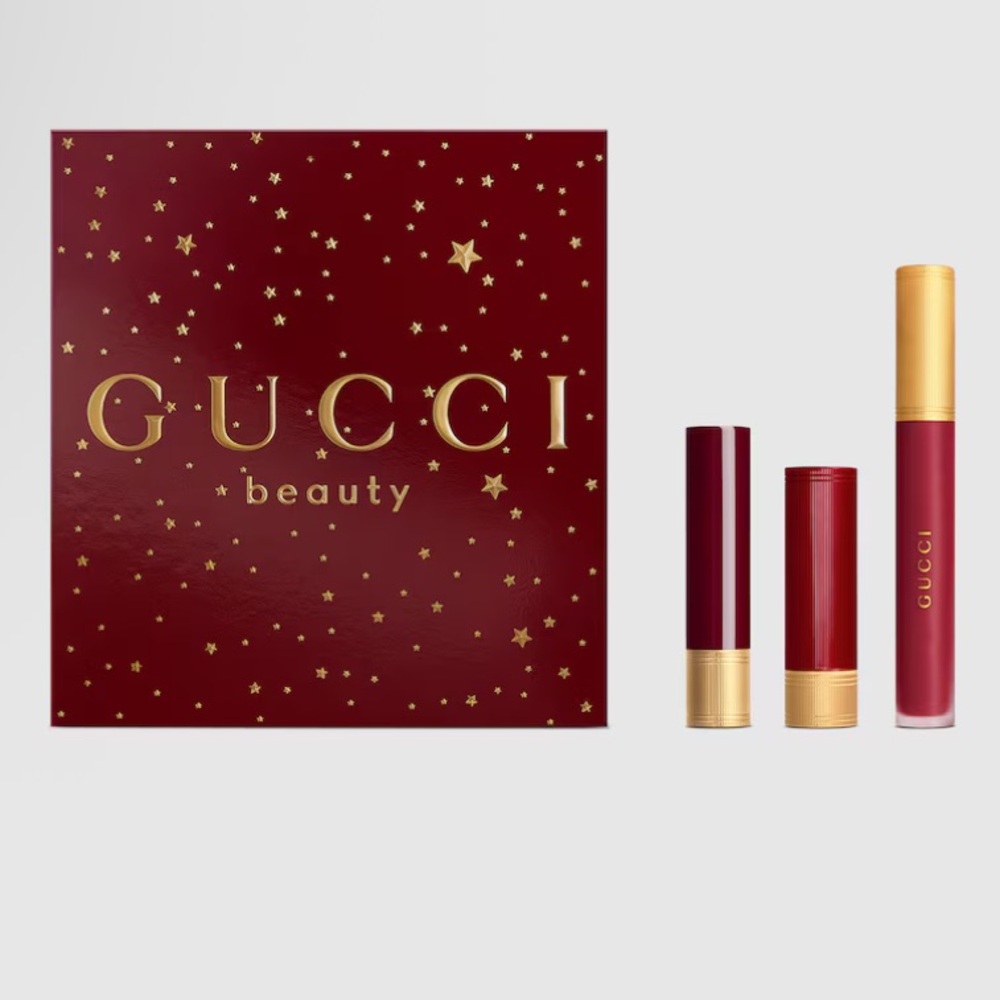 2fer Gucci Red and Gold Lipstick & Lip Gloss Set and Gucci Powder Compact